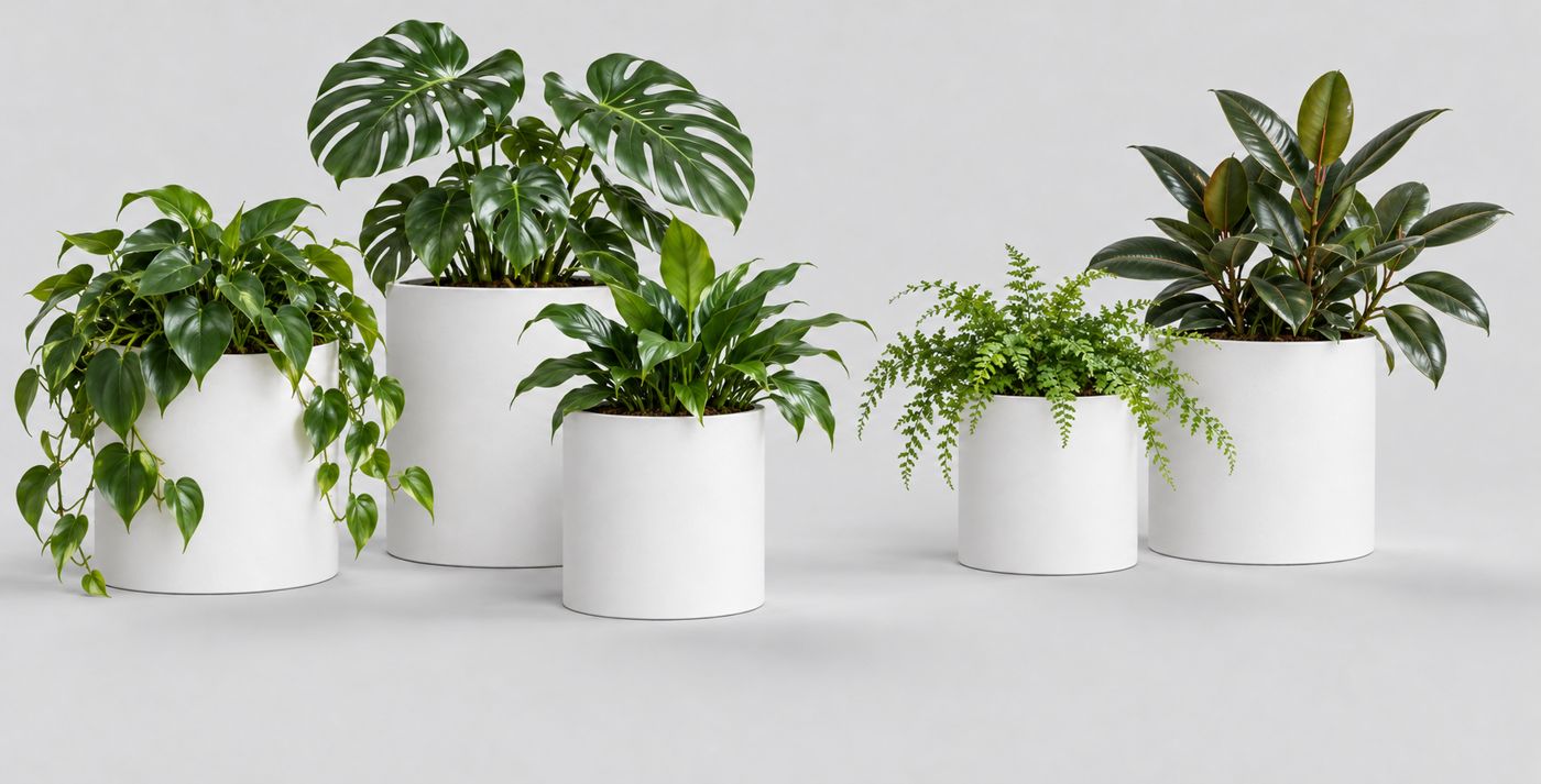 Leafy plants in white pots